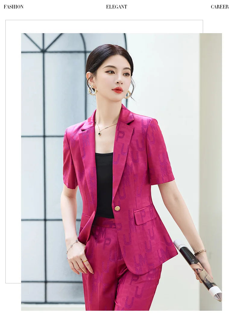 Fashion Letter Print Short Sleeve Professional Suit Women New 2026 Summer Elegant Slim Blazer And Pants Office Ladies Work Wear