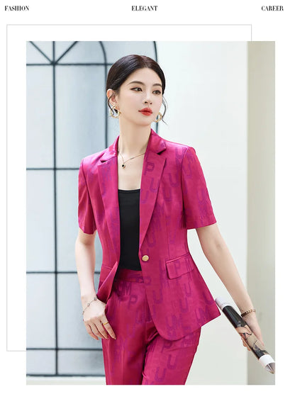 Fashion Letter Print Short Sleeve Professional Suit Women New 2026 Summer Elegant Slim Blazer And Pants Office Ladies Work Wear