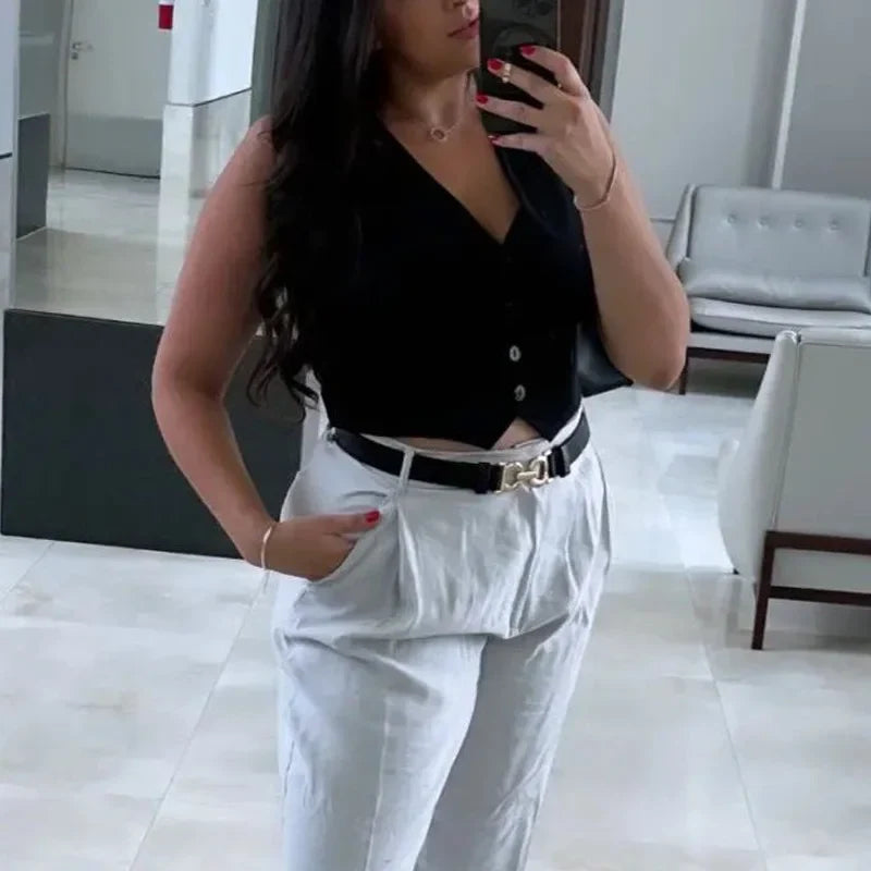Cropped Formal Vests Woman Office Sleeveless Women's Suit Vest Summer Button Black White Short Vest Casual Working Vest