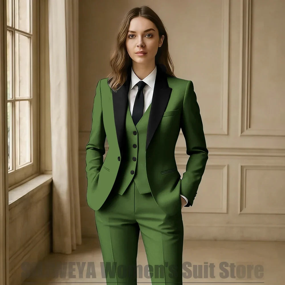 Women Royal Blue 3 Piece Tuxedo Suit Blazer Vest Pants with Black Lapel Slim Fit Formal Party Business Office Outfit