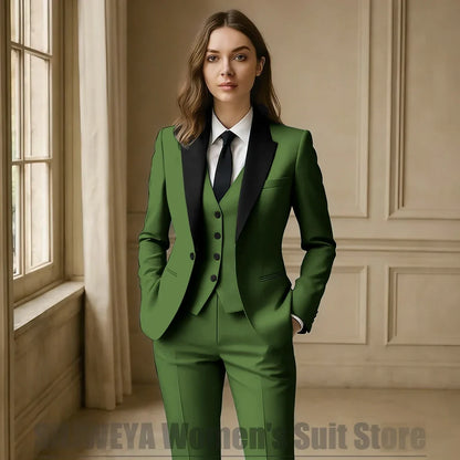 Women Royal Blue 3 Piece Tuxedo Suit Blazer Vest Pants with Black Lapel Slim Fit Formal Party Business Office Outfit