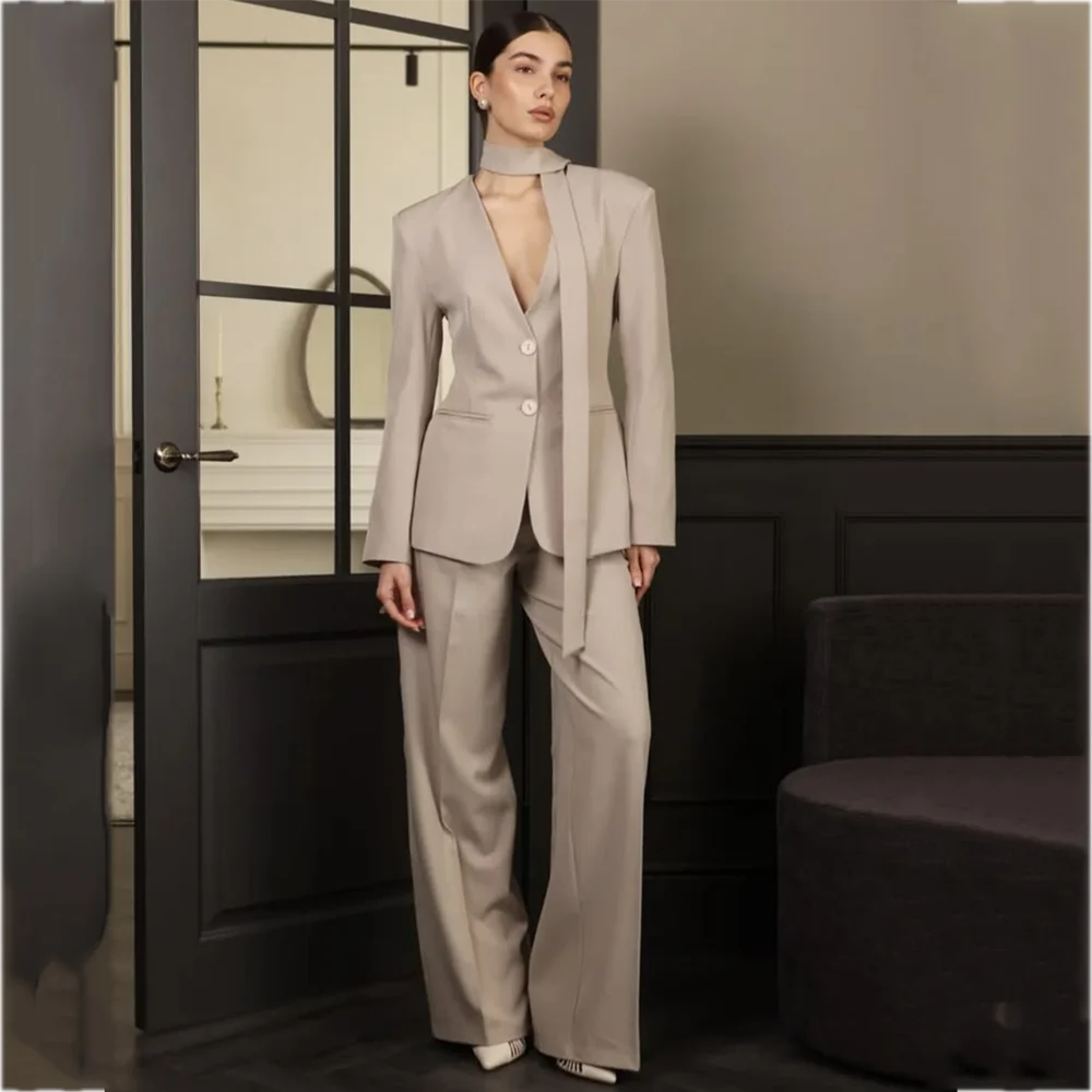 Chic V-Neck Women Suit 2 Piece Single Breasted Solid Color Loose Casual Business Formal Evening Party Office Elegant Outfit Set