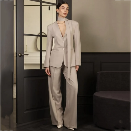 Chic V-Neck Women Suit 2 Piece Single Breasted Solid Color Loose Casual Business Formal Evening Party Office Elegant Outfit Set