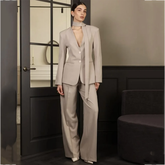 Chic V-Neck Women Suit 2 Piece Single Breasted Solid Color Loose Casual Business Formal Evening Party Office Elegant Outfit Set