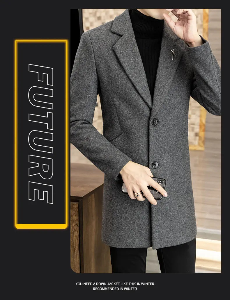 High-quality men's fashionable and stylish mid-length solid color woolen and cotton thick coat for autumn and winter