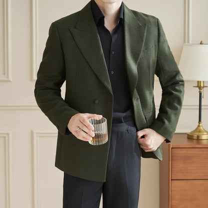 Herringbone Pattern Fabric Suit Jacket Men Autumn Winter Casual Business Dress Coat Wedding Groom Banquet Party Blazer Masculino