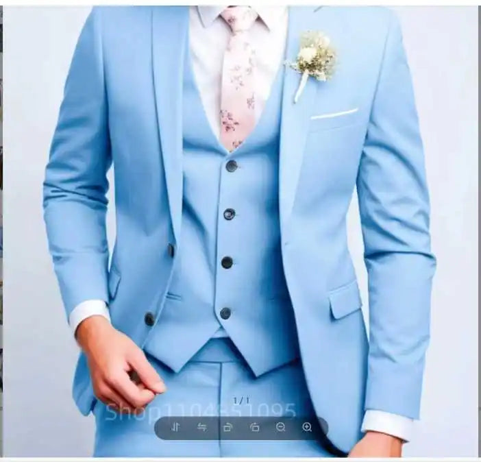 Men's 3-Piece Slim Fit Suit – Single-Breasted Blazer, Vest & Trousers in Blue for Banquets & Weddings