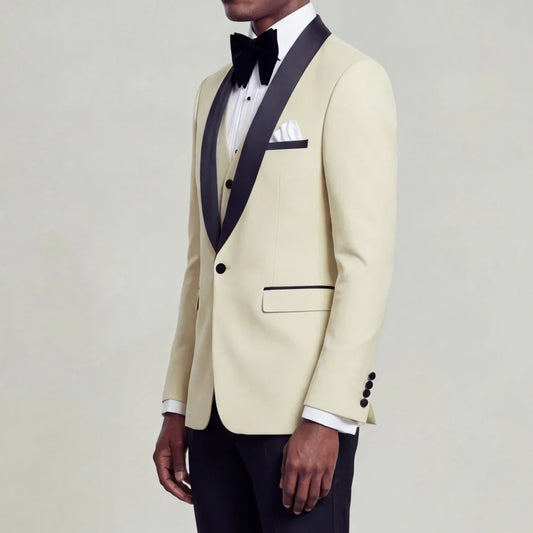 Men Suit 3 Pieces Beige With Black Lapel Slim For Wedding Groom Business Party Prom Banquet Work Office Jacket Vest And Pants