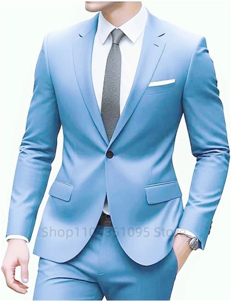 New Solid Slim Fit 2 Piece Wedding Men Suits Groom Tuxedos Formal Suit for Prom Party Busienss Best Man Notch Lapel Blazer Pants
