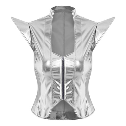 Womens Front Zipper Vest Tank Top Wet Look PU Leather Crop Top Metallic Glossy Rave Party Clubwear Costume Steampunk Waistcoat