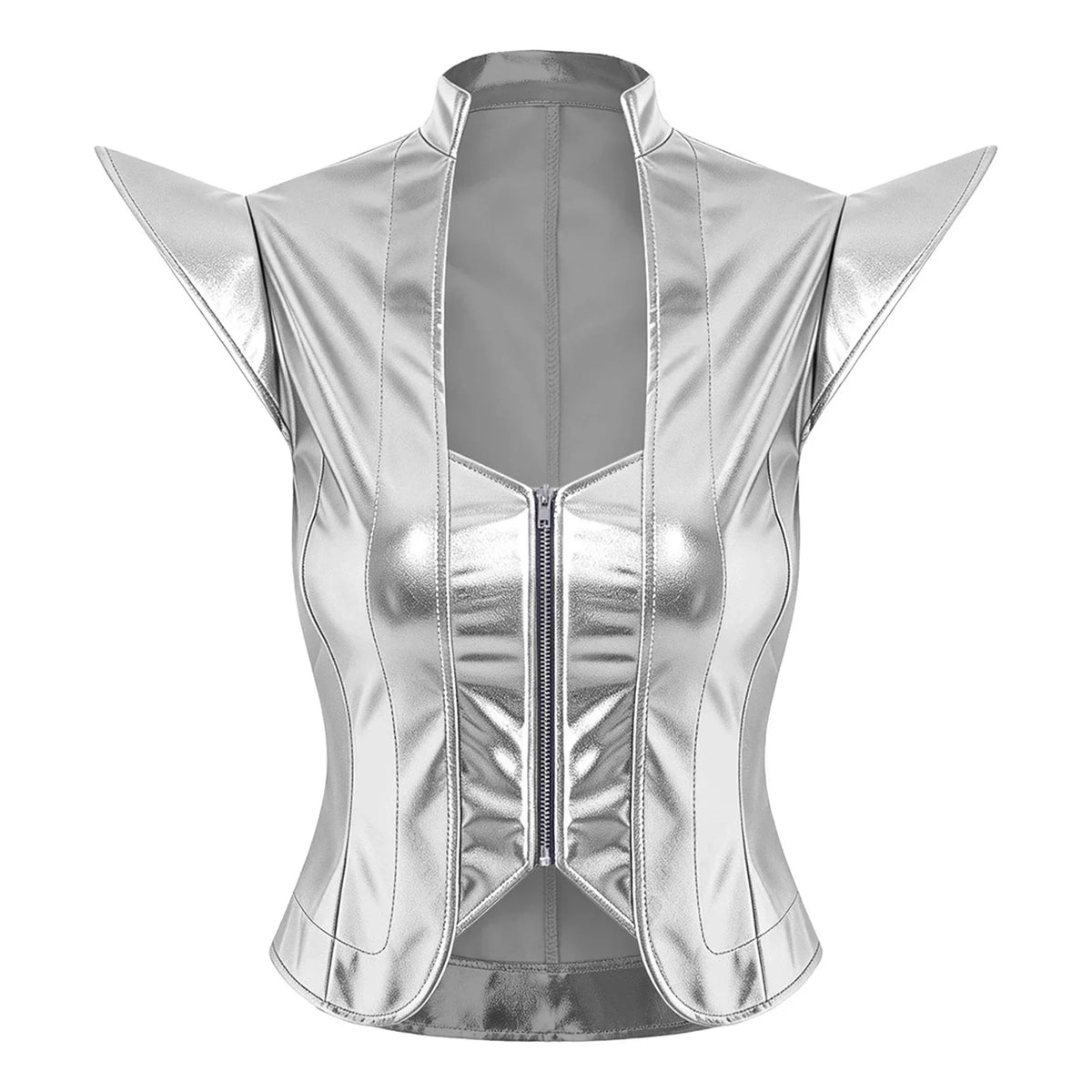 Womens Front Zipper Vest Tank Top Wet Look PU Leather Crop Top Metallic Glossy Rave Party Clubwear Costume Steampunk Waistcoat