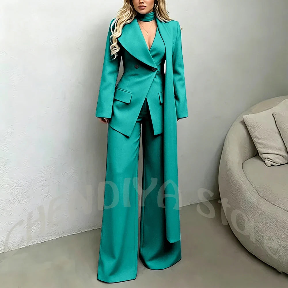 Classic Black Women Suit Set Double Breasted Asymmetrical Blazer Pants with Muffler Formal Office Elegant Two Piece Outfit