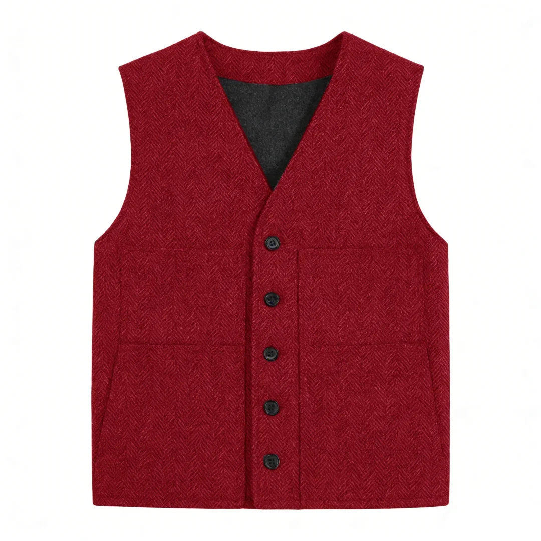 Men's Vest Gray Herringbone Single Button V-Neck Waistcoat for Wedding & Business