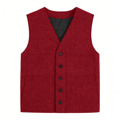 Men's Vest Gray Herringbone Single Button V-Neck Waistcoat for Wedding & Business