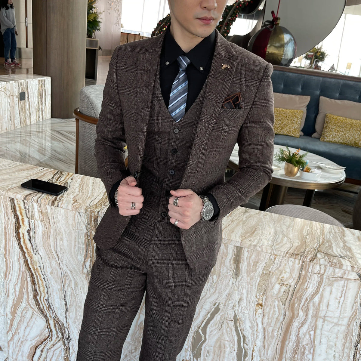 Ensemble costume trois pièces à carreaux modifié de haute qualité de style coréen britannique pour hommes - Gilet et pantalon de costume décontracté élégant
