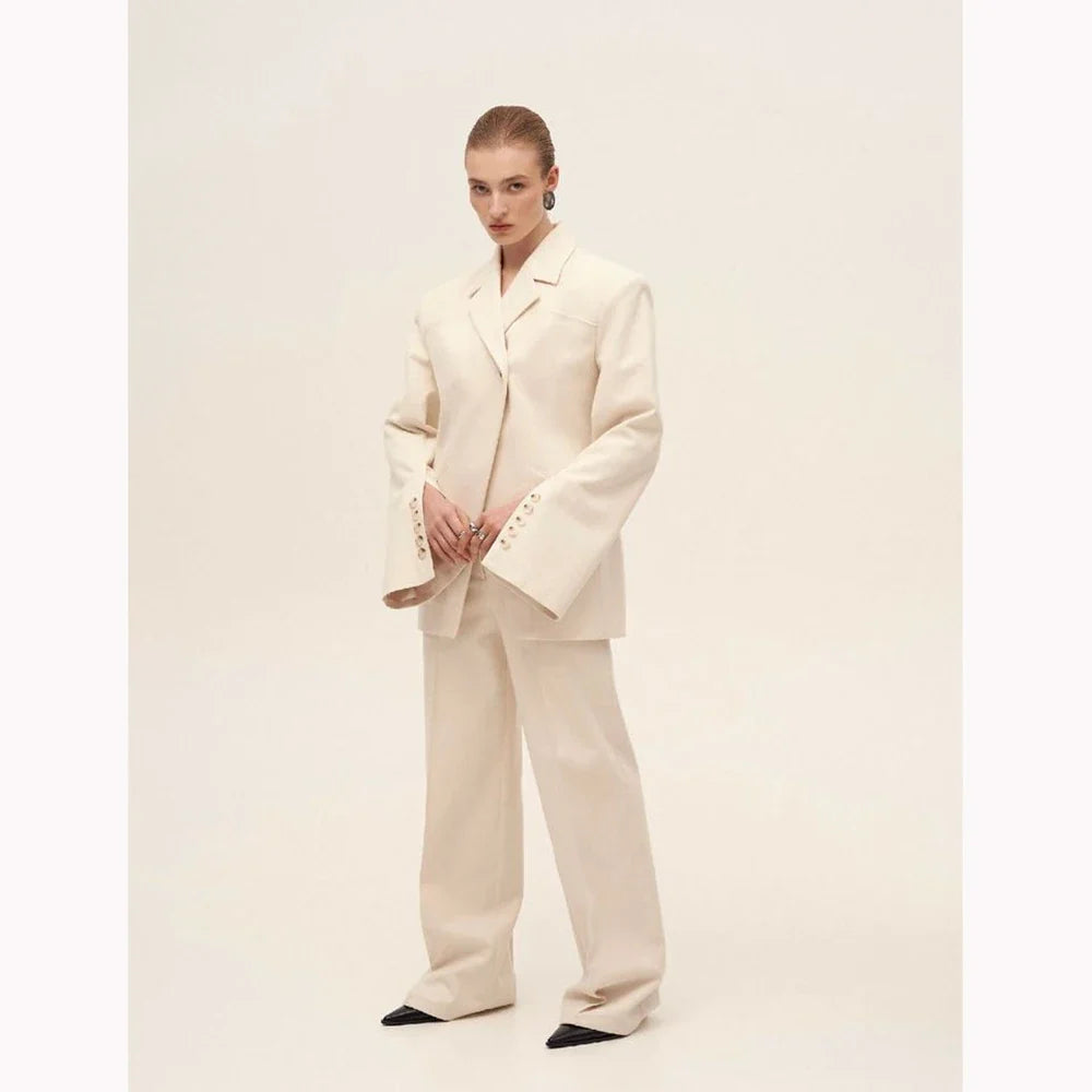 Beige Women Suits Customized Fitted Single-grain Buckle Two Pieces(Jacket+Trousers) Ladies Formal Business Wedding Set