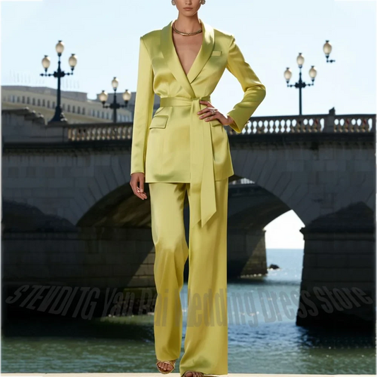 Satin Women Suit Shawl Lapel Belted Blazer Pants Custom Made Office Lady Gala Wedding Evening Formal Luxury Female Two Piece Set