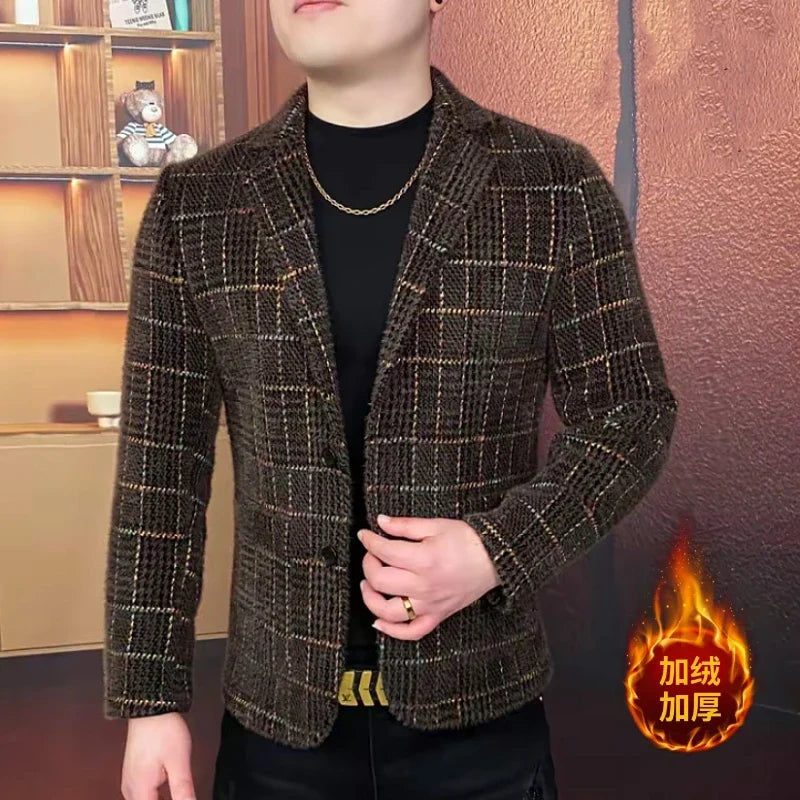 Winter Fleece Warm Suit Jacket for Men Fashion Plaid Slim Fit Casual Business Blazers Street Wear Social Jackets Men Clothing