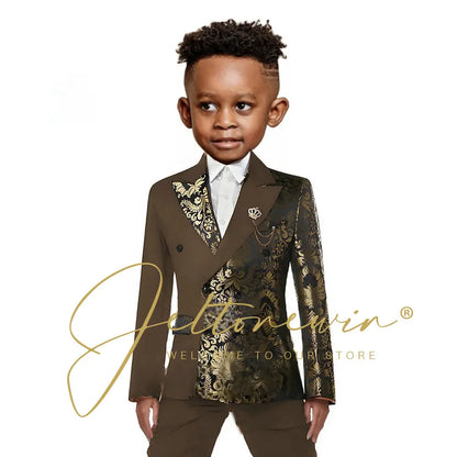 Black And Gold Floral Wedding Boys Suit Double Breasted Formal Kids Blazer Set Party Dress Child Tuxedo Jacket Pants 2 Piece Set