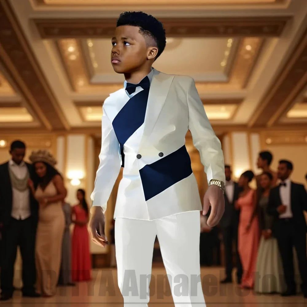 Boys Color Block 2 Piece Suit Set Double Breasted Blazer with Pants Formal Wedding Party Prom Attire Stylish Children's Suit