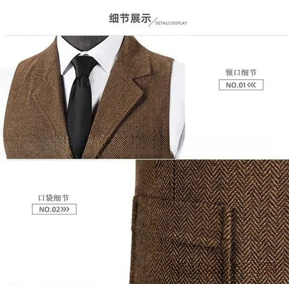Men's Waistcoat Herringbone Single Breasted Notch Lapel Slim Fit Vest for Wedding & Business
