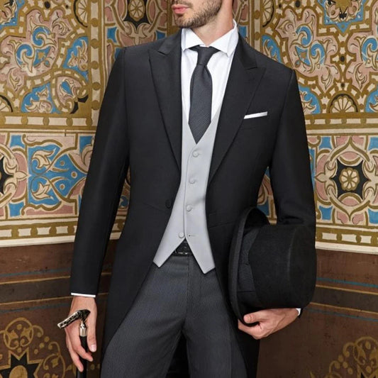 Men Suit 3 Pieces Black With Lapel Single Button For Wedding Banquet Prom Party Business Official Work Set Jacket Vest Pants