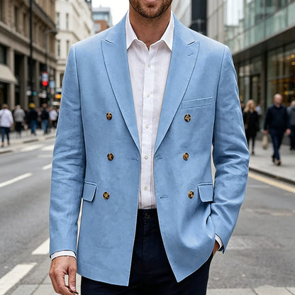 Men's Double Breasted Linen Blazer Slim Fit Suit Jacket Formal Business Casual Coat Wedding Party Spring Summer Streetwear