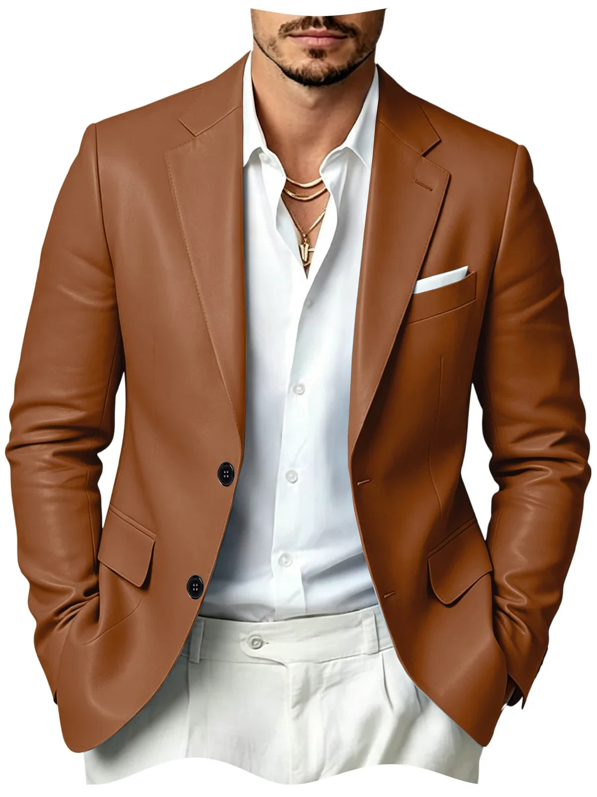 Men's Faux Leather Blazer Slim Fit 2 Button Notched Lapel Suit Jacket Business Formal Leather Sport Coat For Wedding Party