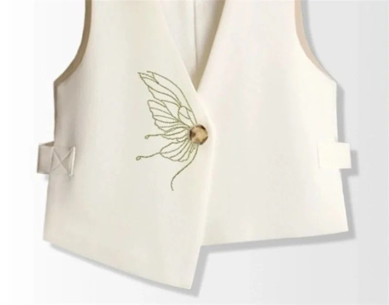 Retro Ladies Solid Color Sleeveless Coat Spring Autumn Women Fashion Embroidered Suit Waistcoat Top Female Irregular Vest Jacket
