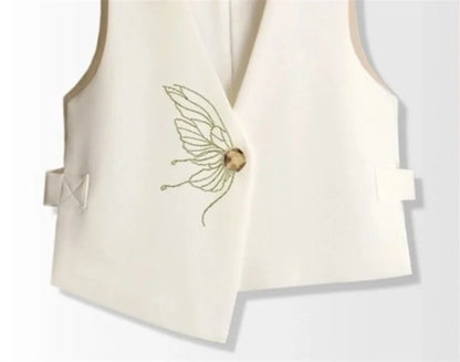 Retro Ladies Solid Color Sleeveless Coat Spring Autumn Women Fashion Embroidered Suit Waistcoat Top Female Irregular Vest Jacket