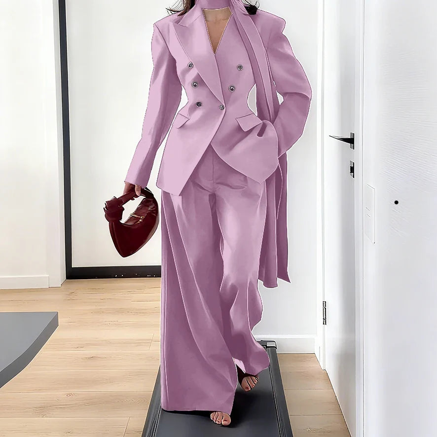 Elegant Women Double Breasted Suit Set Double Breasted Peaked Lapel Blazer+Pants Daily Slim Fit Office Evening Party Outerwears