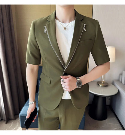 2023 Summer Zipper Decoration Blazers Men Casual Business Suit Jacket Slim Fit 3/4 Sleeve Streetwear Social Jacket Men Clothing