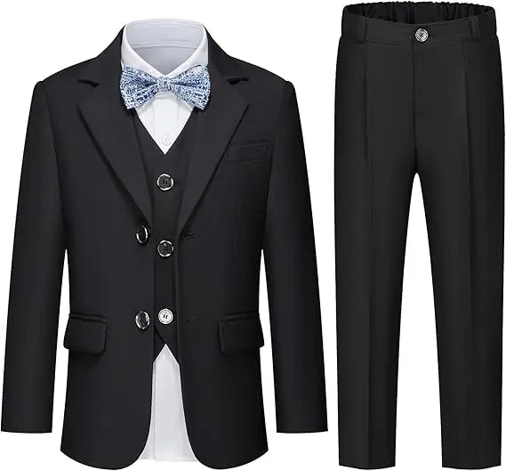 Gentleman Kids Blue 4Piece/Set Jacket Vest Pants Bowtie Photograph Suit Boys Piano Dress Children Graduation Performance Costume