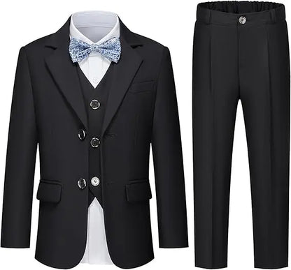 Gentleman Kids Blue 4Piece/Set Jacket Vest Pants Bowtie Photograph Suit Boys Piano Dress Children Graduation Performance Costume