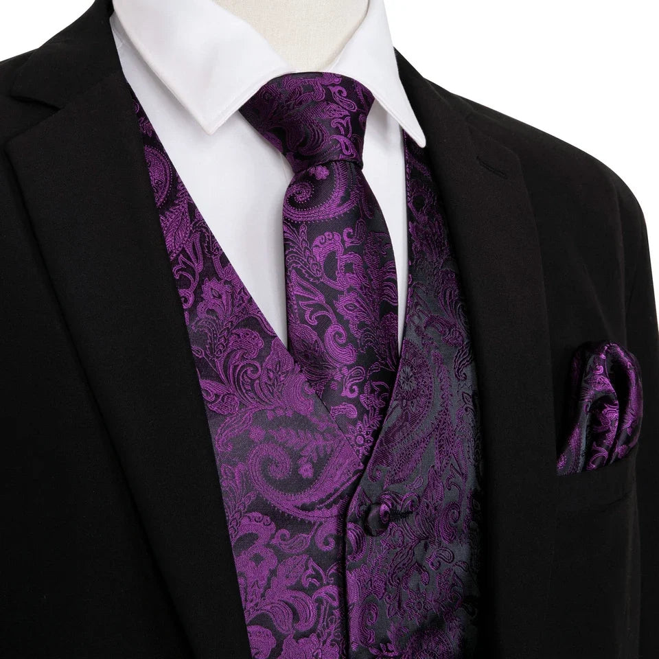 Men's Waistcoat Purple Embroidered Silk Vest with Tie and Pocket Square for Weddings and Formal Events