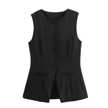 Women’s Vest Button Waistcoat Outwear Sleeveless Round Neck Solid Color Slim Fit Tops Chic  Casual Suit Vest Tops