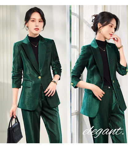 Pleuche Two Piece Sets Womens Outifits 2024 New Fashion Slim Elegant Long Sleeve Blazer Office Lady Flare Pants Suits