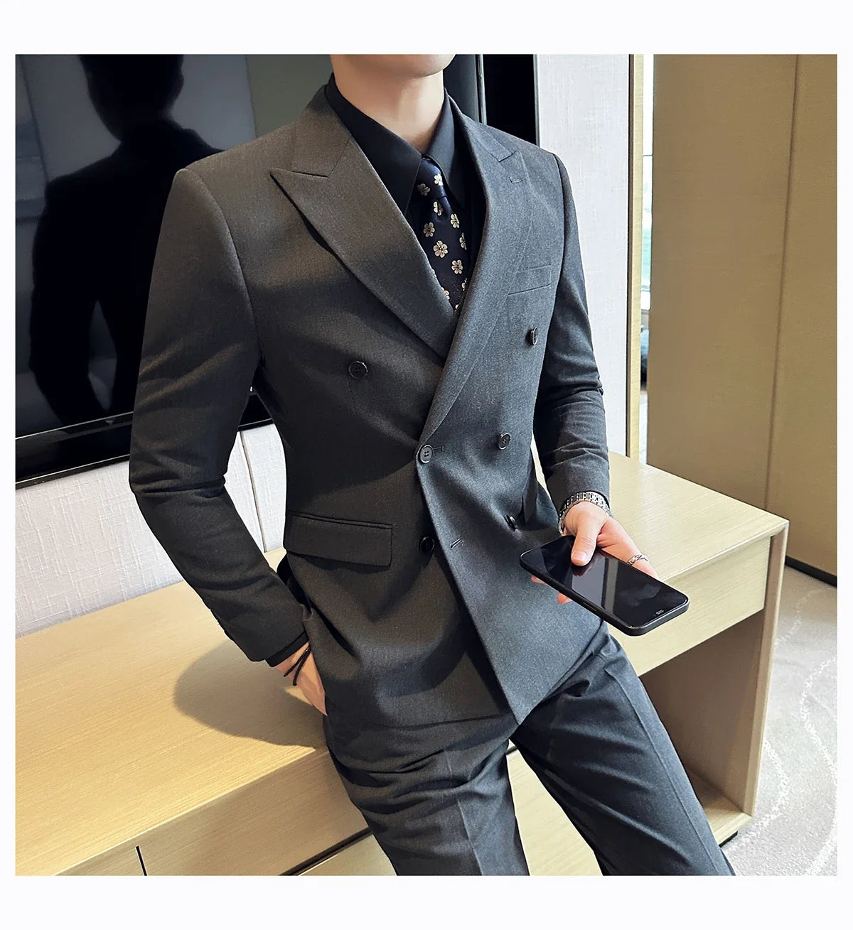 Men's Double Breasted Suit Set – Slim Fit Blazer, Vest & Pants for Wedding & Business