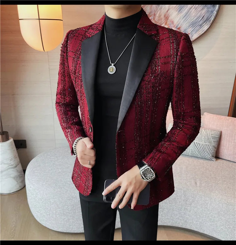 British Style Woven Suit Jacket Men Fashion Plaid Casual Business Blazer Gentleman Versatile Banquet Party Groom Wedding Coats