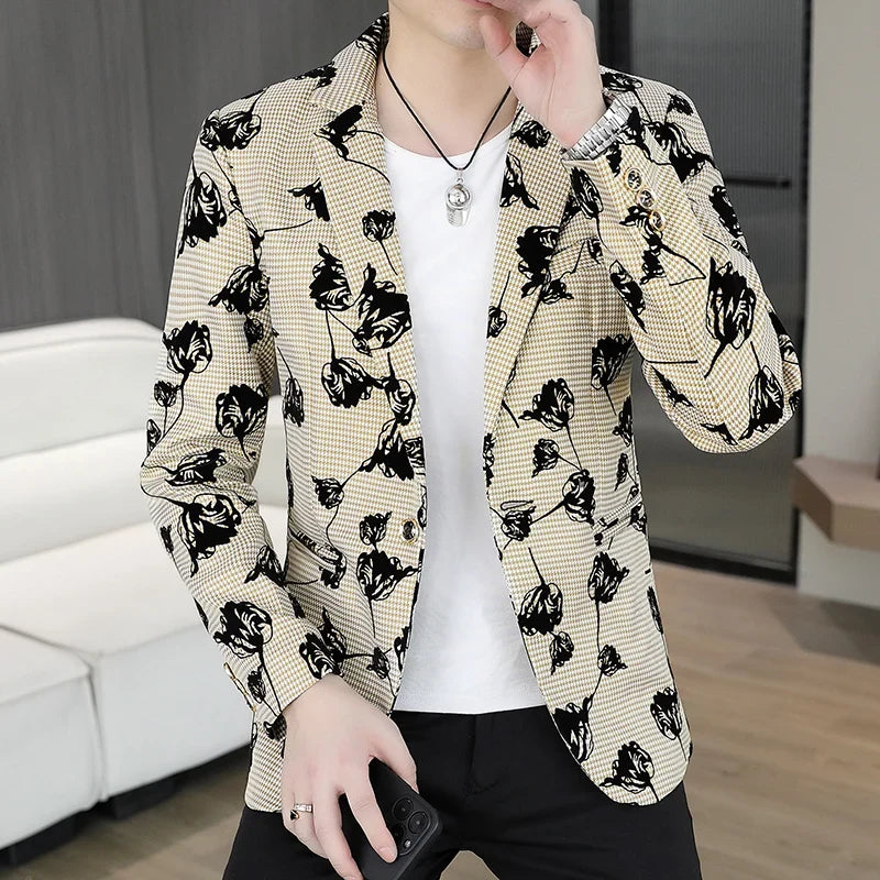 Blazer: Outdoor Fashion Business Gentleman Print Wedding Host Campus Slim-fit Casual Korean-style Youthful Versatile Men Blazer