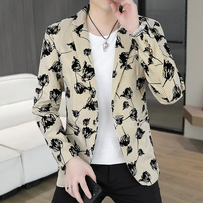 Blazer: Outdoor Fashion Business Gentleman Print Wedding Host Campus Slim-fit Casual Korean-style Youthful Versatile Men Blazer
