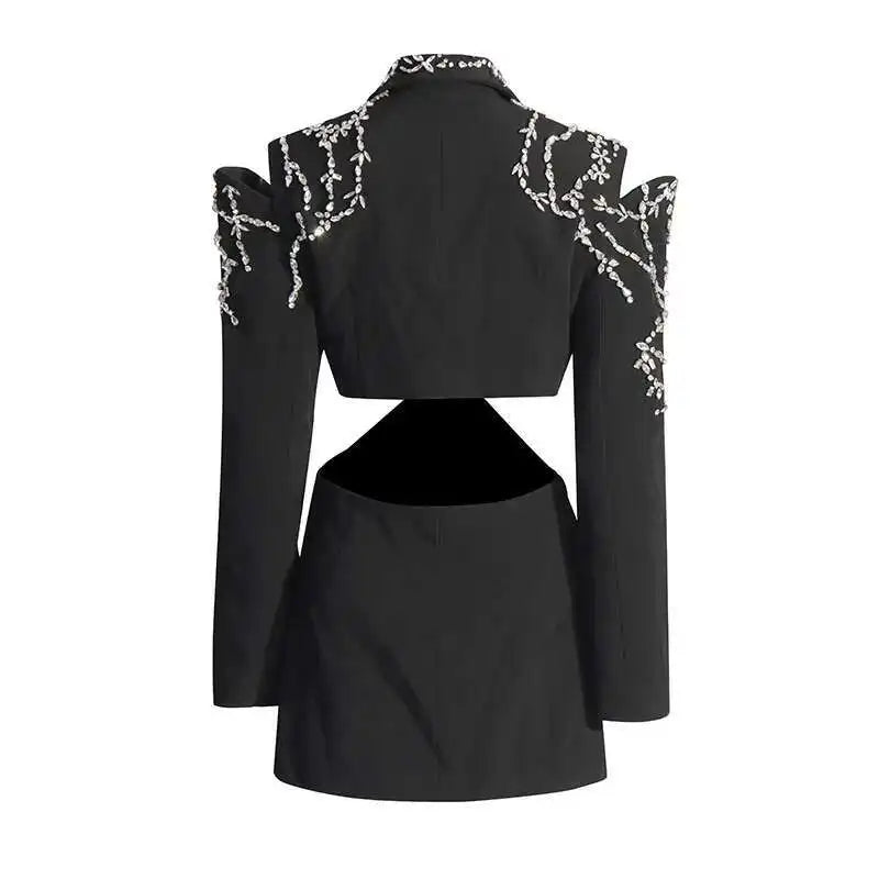 Sexy Stylish Coats 2025 Spring Autumn New Women Diamonds Nail Bead Heavy Waist Exposed High Sense Long Sleeve Blazer HK3760