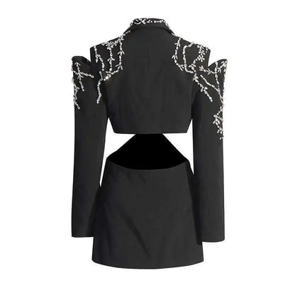 Sexy Stylish Coats 2025 Spring Autumn New Women Diamonds Nail Bead Heavy Waist Exposed High Sense Long Sleeve Blazer HK3760