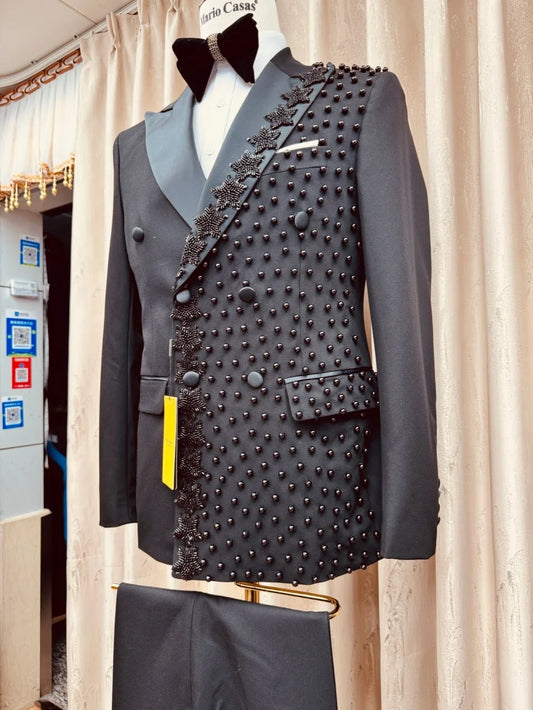2-Pieces Men's Black Beaded Suits Wedding Groom Sets High Quality Double Breasted Suit Set Host Costumes Handsome Party Tuxedo