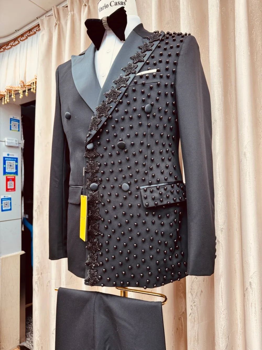 2-Pieces Men's Black Beaded Suits Wedding Groom Sets High Quality Double Breasted Suit Set Host Costumes Handsome Party Tuxedo