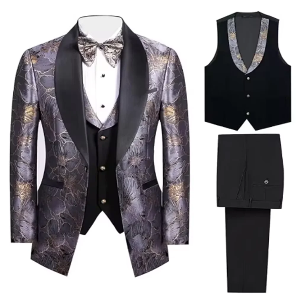 "Men's Embroidered Paisley 3-Piece Suit | Slim Fit Wedding Tuxedo Set (Jacket+Waistcoat+Pants) for Prom/Groom/Dinner/Party