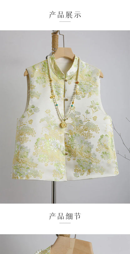 New National Style Chinese Vest Women Spring Autumn On Both Sides Sleeveless Jacket Female Bright Silk Embroidery Vest Waistcoat
