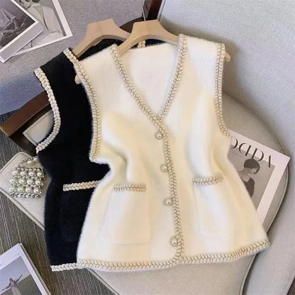 Spring And Autumn Annals Female New V-neck Knitted Mink Velvet Vest Women Xiaoxiangfeng Sweater V-neck Vest Shoulder Tops Jacket