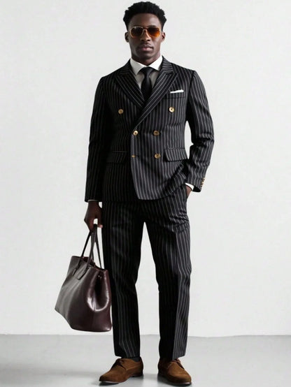 Male Formal Striped Business Suit Spring Autumn Work Office Suit Jacket Pants Wedding Dinner Party Evening Banquet Costume