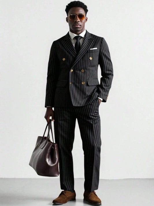 Male Formal Striped Business Suit Spring Autumn Work Office Suit Jacket Pants Wedding Dinner Party Evening Banquet Costume